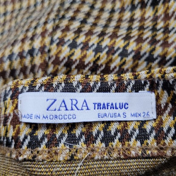 Zara Trafaluc Brown Yellow Houndstooth Square Neck Wide Leg Cropped Jumper Small - Picture 3 of 11